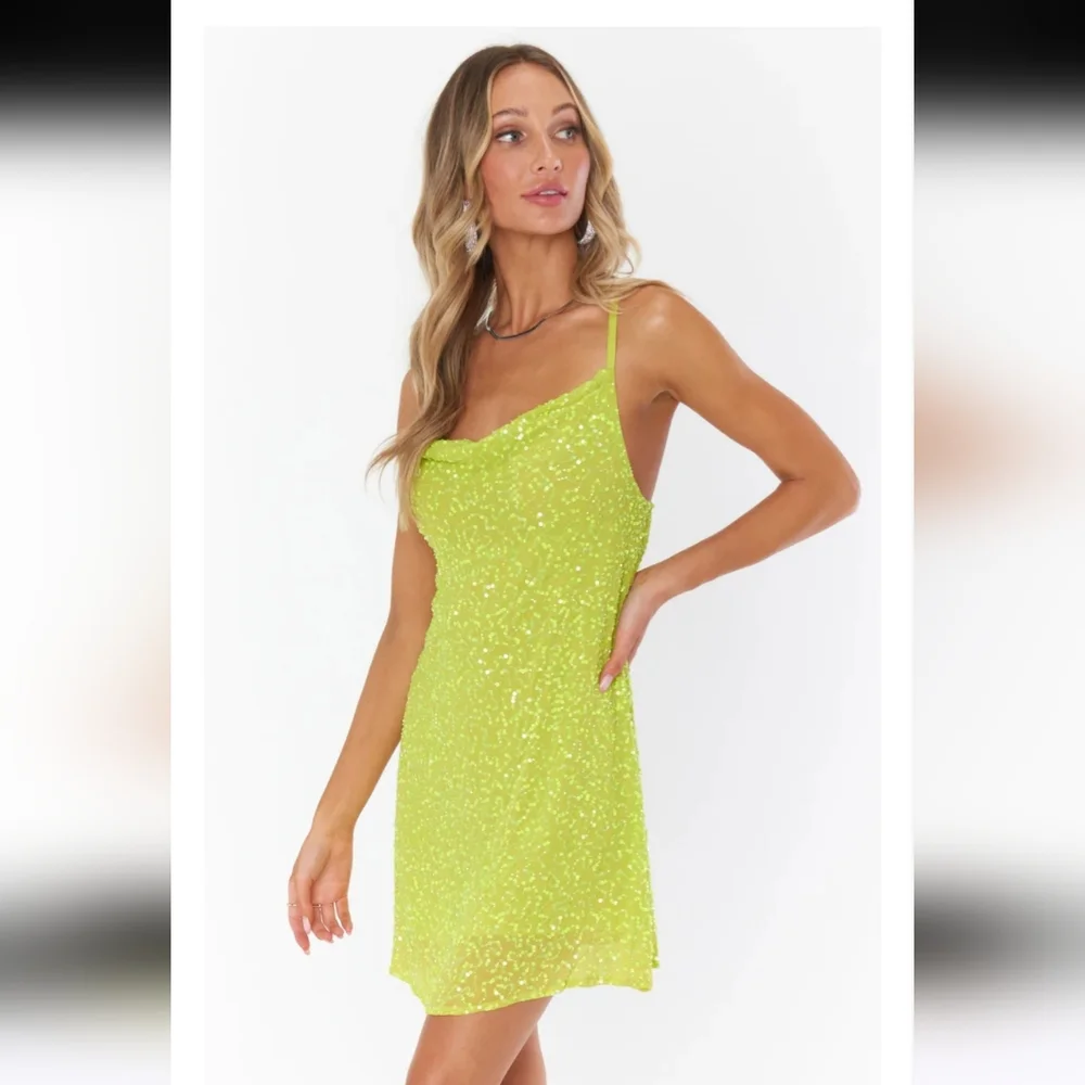 Show Me Your MuMu Lime Green Sequin Cowl Neck Mini Dress - Picture 2 of 16